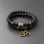 Buddha Head Beaded Bracelet — Black Stone Beads, Bronze-Tone