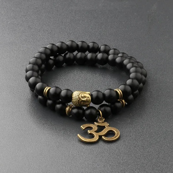 Buddha Head Beaded Bracelet — Black Stone Beads, Bronze-Tone