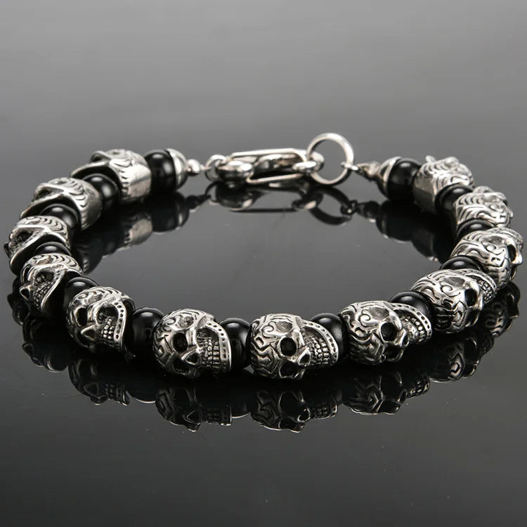Gothic Stainless Steel Ghost Skull Heads Beads Bracelet for Men 8MM Natural Stone Men‘s Beaded Bracelets Rock Skeleton