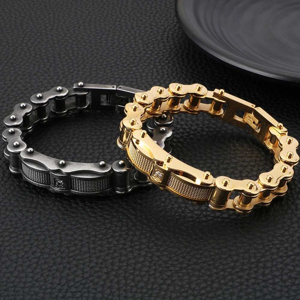 Bike Jewelry Worn Look Men's Bike Chain Bracelets Vintage Black Stainless Steel Motorcycle Bicycle Link CZ Bracelet For