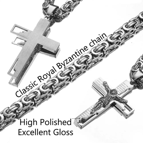 6mm Flat Byzantine Chain Necklace For Men's Neck Jewelry Stainless Steel Silver Gold Black Color Jesus Cross Pendant