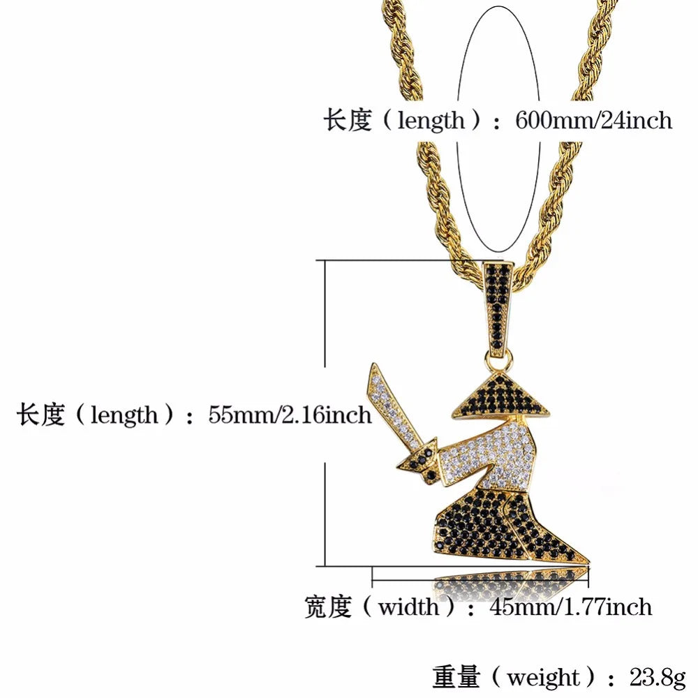 Micro Paved CZ Rhinestone Bling Ice Out Hats Samurai Oriental Warrior Pendants Necklaces for Men Hip Hop Rapper Jewelry