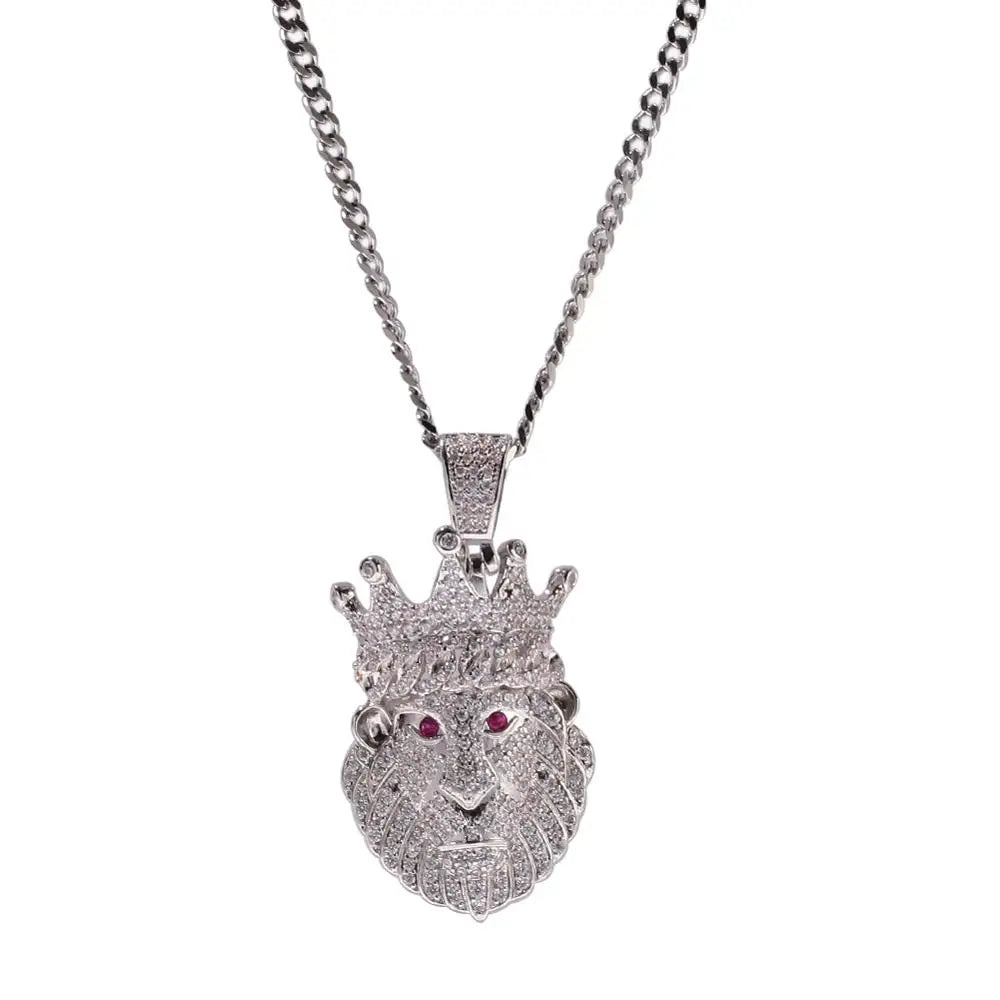 Hip Hop CZ Zircon Paved Bling Iced Out Crown Lion Animal Pendants Necklace for Men Rapper Jewelry Gold Color Drop