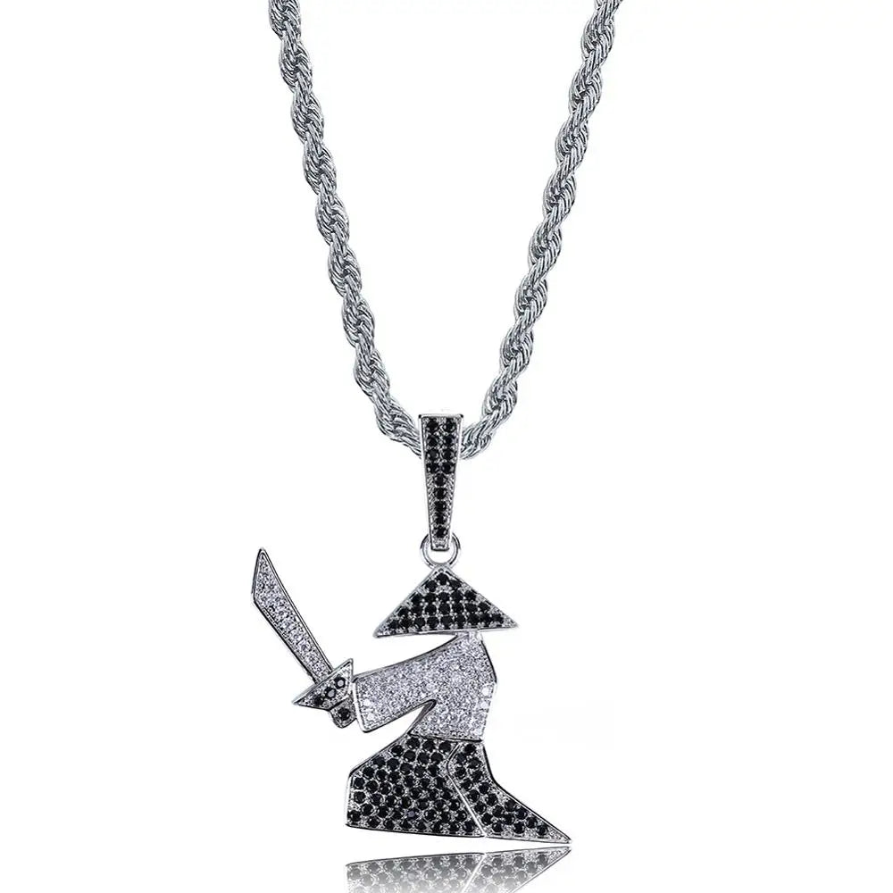 Micro Paved CZ Rhinestone Bling Ice Out Hats Samurai Oriental Warrior Pendants Necklaces for Men Hip Hop Rapper Jewelry