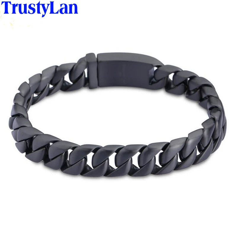 Matte Black Stainless Steel On Hand Bracelet for Men Fashion Men's Bracelets Retro 12MM Curb Link Chain Male Jewelry