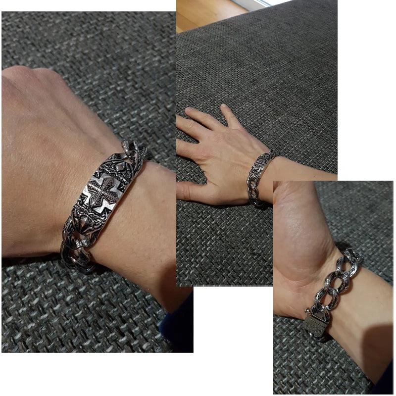 17MM Wide On Hand Cuban Link Chain Bracelet for Man Retro Stainless Steel Men's Cross Bracelets Cool Male Jewelry
