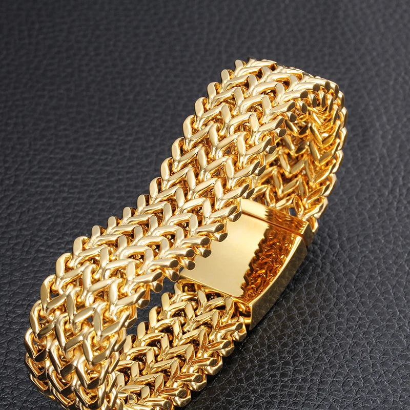 Gold Color Stainless Steel Bracelet Men 18MM Double Row Franco Curb Chain Men's Bracelets & Bangles Mannen Armband