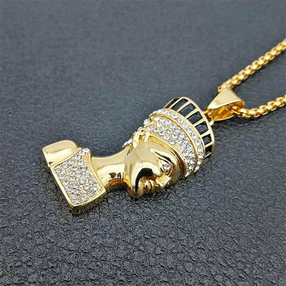 Hip Hop Jewelry Egyptian Nefertiti Queen Portrait Pendant Rhinestone 316L Stainless Steel Necklace Iced Out Chain Mens Gift