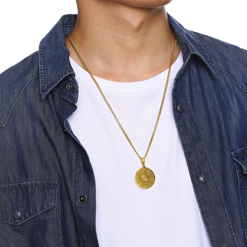 Men Stainless Steel Disc Pendant Praying Hands Bible Verse Prayer Medal Necklace Jewelry