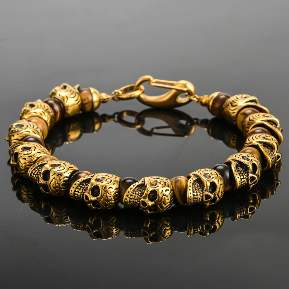 Gothic Stainless Steel Ghost Skull Heads Beads Bracelet for Men 8MM Natural Stone Men‘s Beaded Bracelets Rock Skeleton