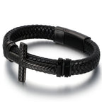 Braided Leather Wrap Bracelet For Man Gold Color Stainless Steel Christian Cross Bracelets & Bangles Men's Religious