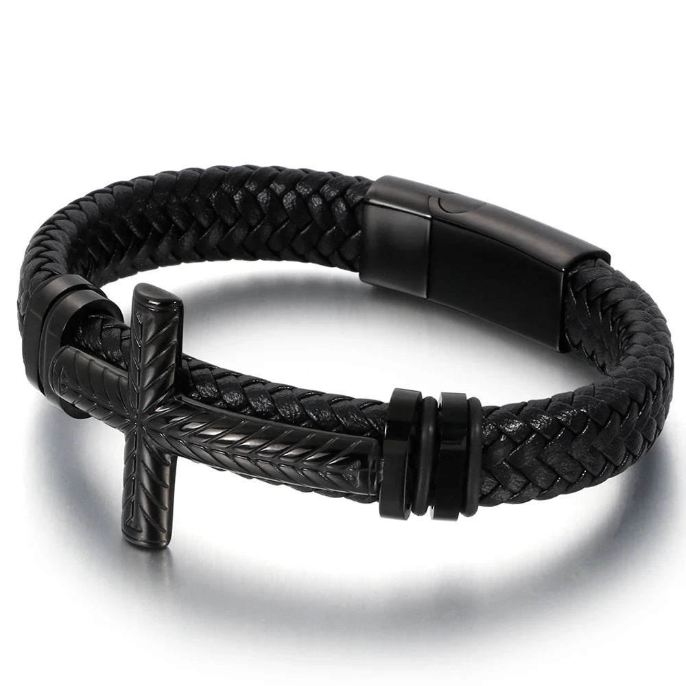 Braided Leather Wrap Bracelet For Man Gold Color Stainless Steel Christian Cross Bracelets & Bangles Men's Religious