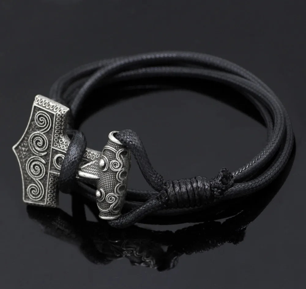 Leather Adjustable Viking Odin Raven Thors Mjolnir Hammer Viking Amulet Hammer Scandinavian Norse Bracelet for Men