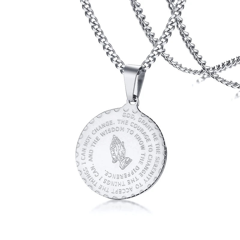 Men Stainless Steel Disc Pendant Praying Hands Bible Verse Prayer Medal Necklace Jewelry