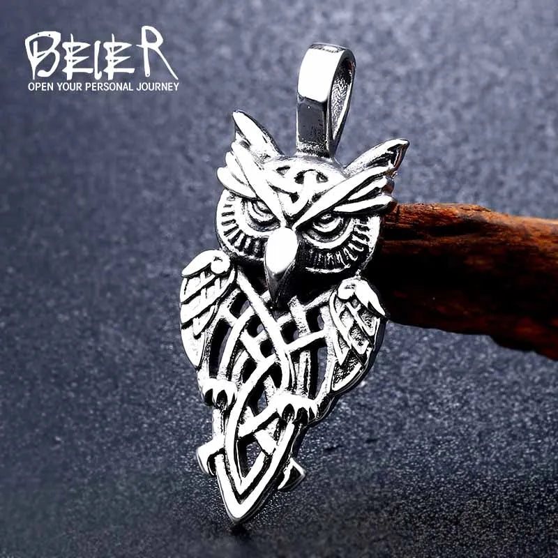 Beier 316L Stainless Steel Nordic Vikings Runes Amulet Pendant Necklace Owl Runes Pendant Necklace Nordic Talisman