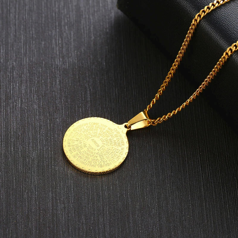 Men Stainless Steel Disc Pendant Praying Hands Bible Verse Prayer Medal Necklace Jewelry