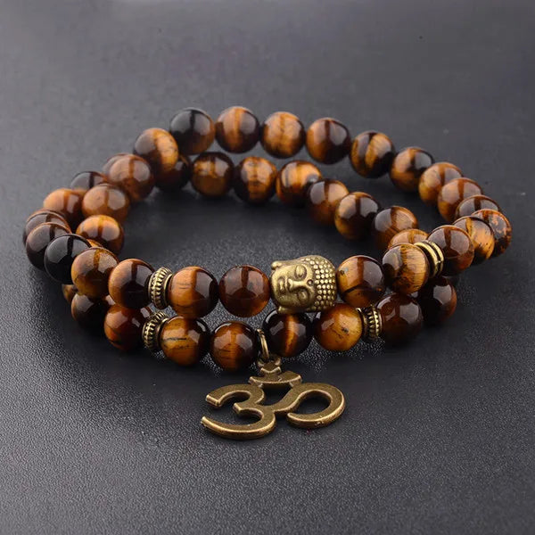 Buddha Head Beaded Bracelet — Black Stone Beads, Bronze-Tone