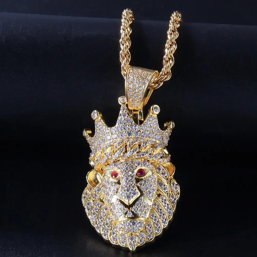 Hip Hop CZ Zircon Paved Bling Iced Out Crown Lion Animal Pendants Necklace for Men Rapper Jewelry Gold Color Drop