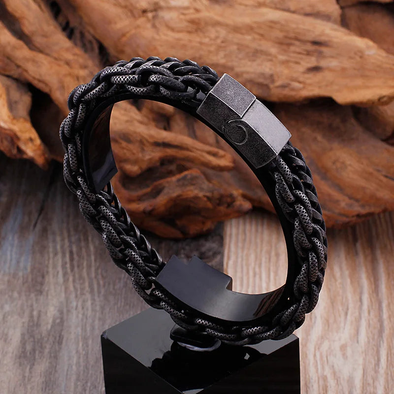 Double Chain Link Stainless Steel Men's Bracelets For Man Vintage Male Bangles Jewelry With Magnet Clasp 10 Inches