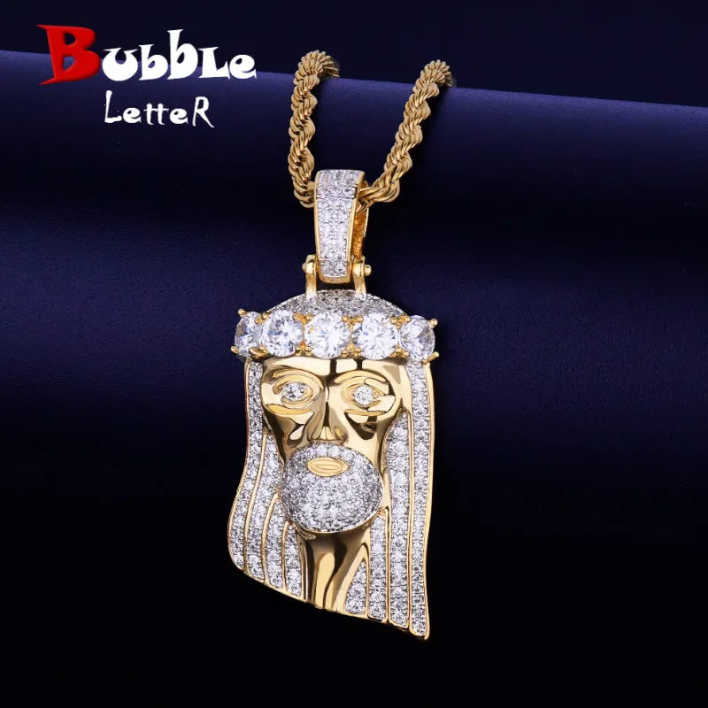 Bubble Letter Iced Religious Jesus Head Pendant Necklace Gold Color Bling Cubic Zircon Men's Hip Hop Jewelry For Gift