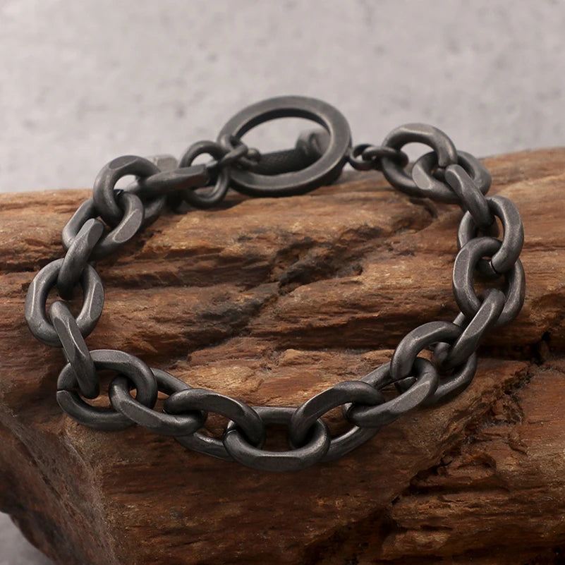 Vintage Men's Black Stainless Steel Link Chain Bracelets For Man 7.5" Barbell Shape Friendship Boys Bracelets & Bangles