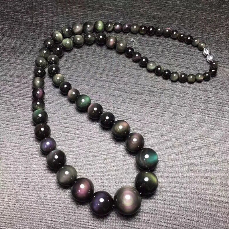 Fine Rainbow Eye Black Natural Obsidian Stone Necklace Round Bead Tower Chain Necklace for Women Men Fashion Jewelry JoursNeige