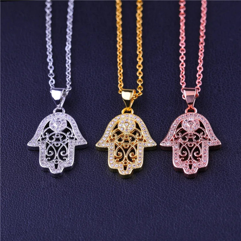 Iced Out Evil Eye Hamsa Hand of Fatima Necklace — Copper Alloy