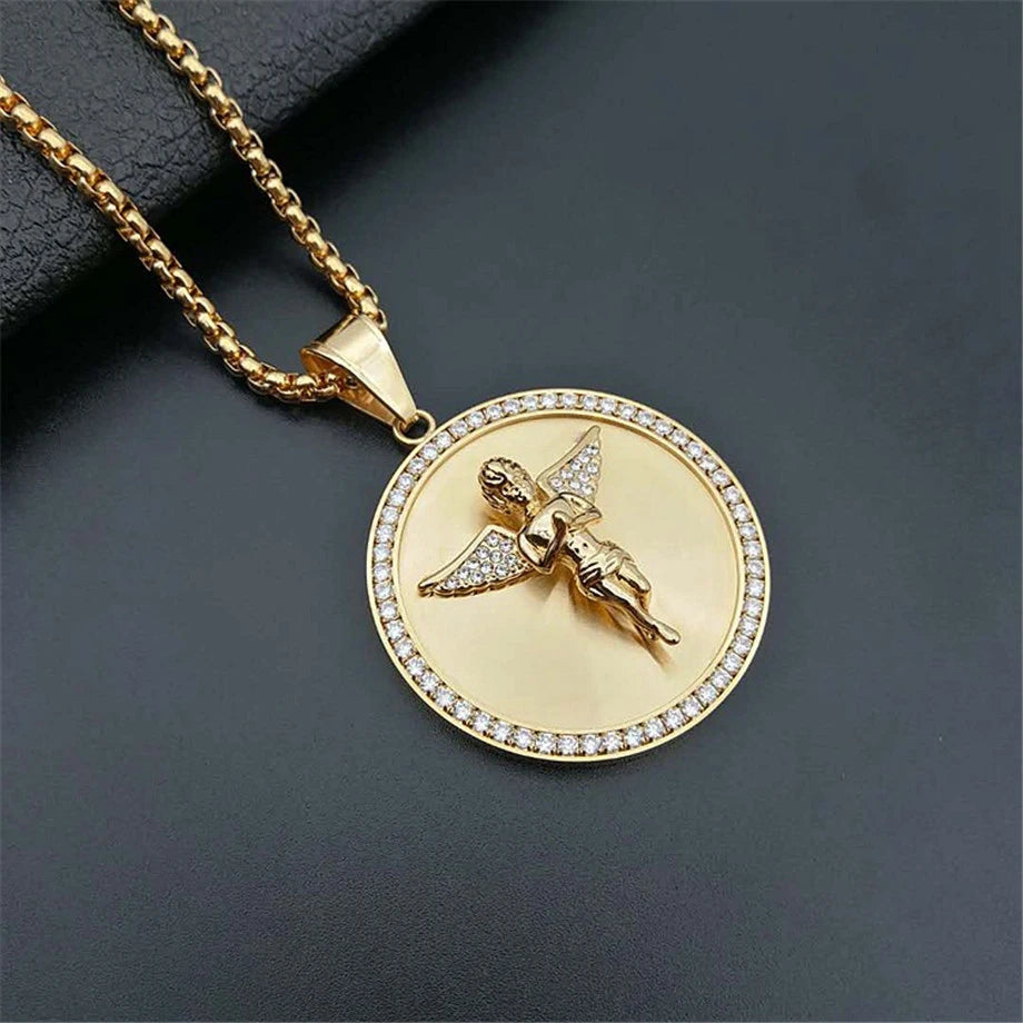 Hip Hop Iced Out Angel Wings Pendant Necklace For Women Men Gold Color Stainless Steel Round Necklace Bling Jewelry