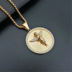 Hip Hop Iced Out Angel Wings Pendant Necklace For Women Men Gold Color Stainless Steel Round Necklace Bling Jewelry