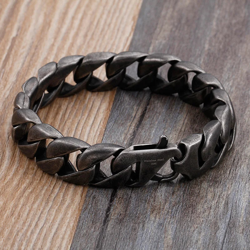 Vintage Black Stainless Steel Bracelet for Man Men's 15MM Wide Curb Link Chain Bracelets Bangles Armband Jewelry