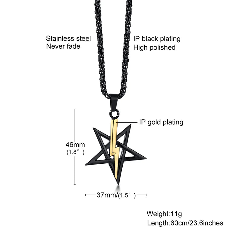 PENTAGRAM WITH LIGHTNING BOLT PENDANT SATANIC SYMBOL STAINLESS STEEL ANTON LAVEY SIGIL NECKLACE AMULET TALISMAN SIGN