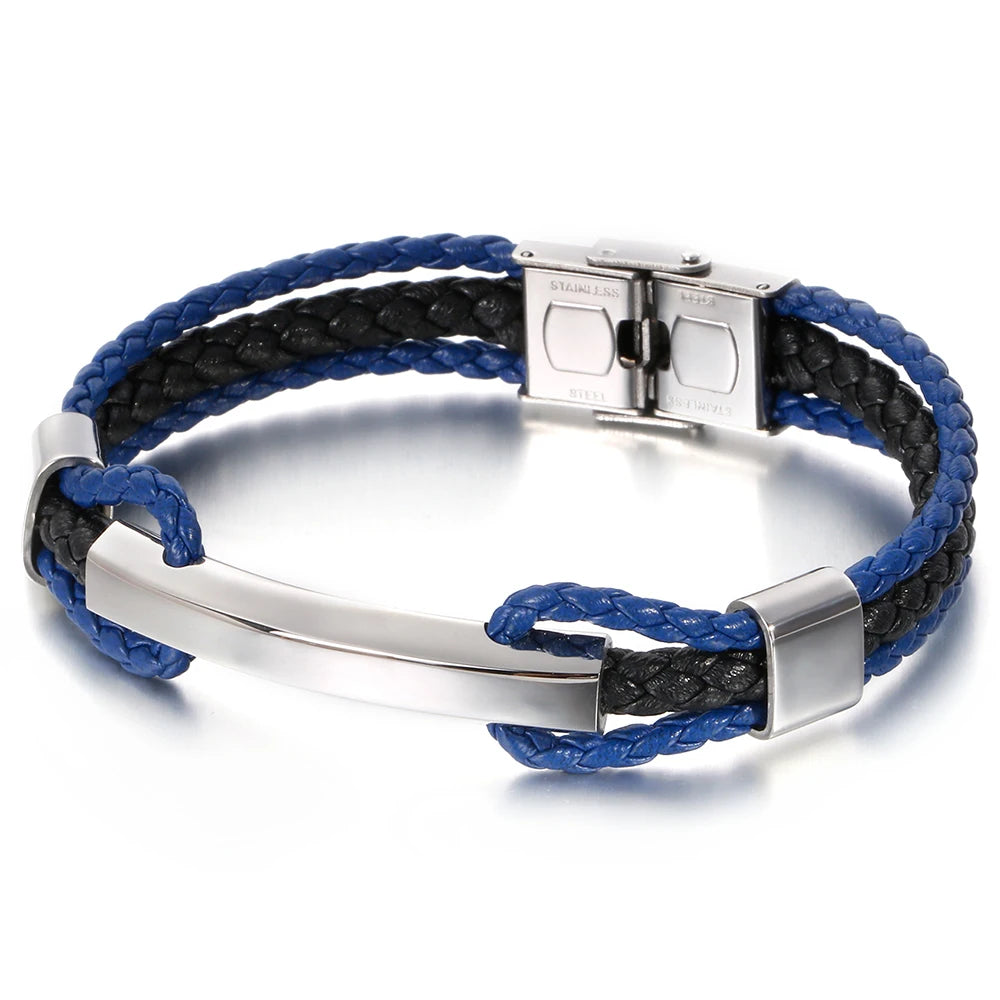 Luxury Braided Three-tier Layer Blue Leather Bracelet for Men Gold Color Stainless Steel Adjustable Mens Charm