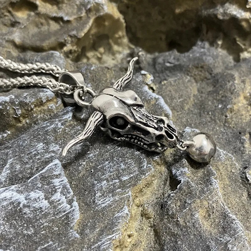 Bull Skull Bell Pendant Necklace — Stainless Steel