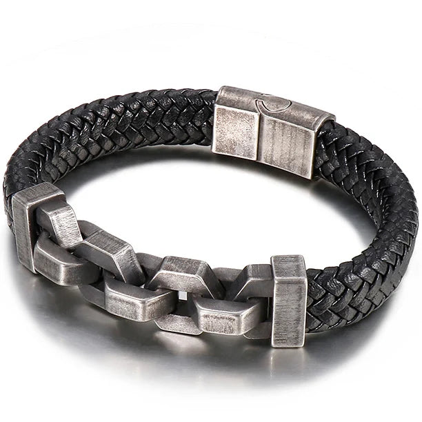 Friendship Man Bracelets Stainless Steel Braided Genuine Leather Wristband Boys Cuff Bracelet Men Jewellery Gifts For