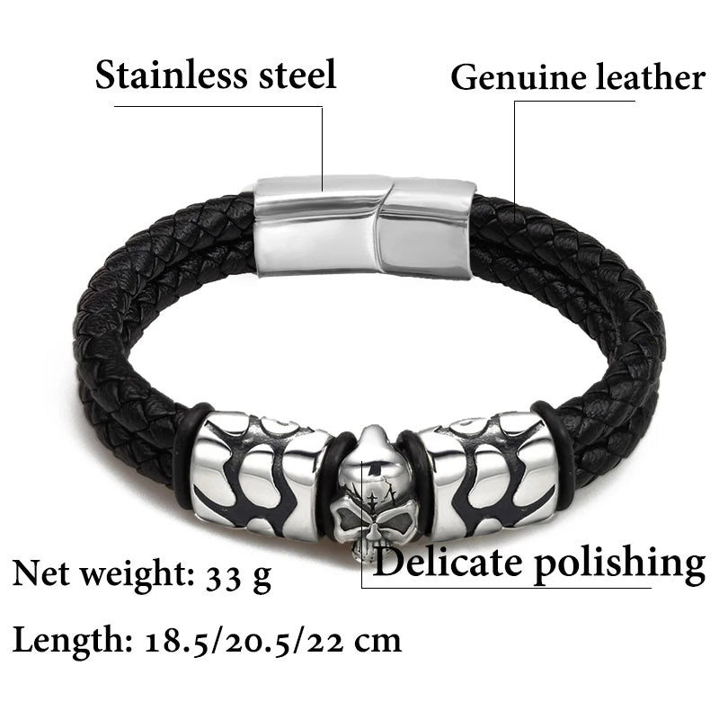 Pop Bohemian Style 316 Stainless Steel Men's Bracelet Ghost Head Accessories Woven Wine Leather Woman Bracelet 7 Day Delivery