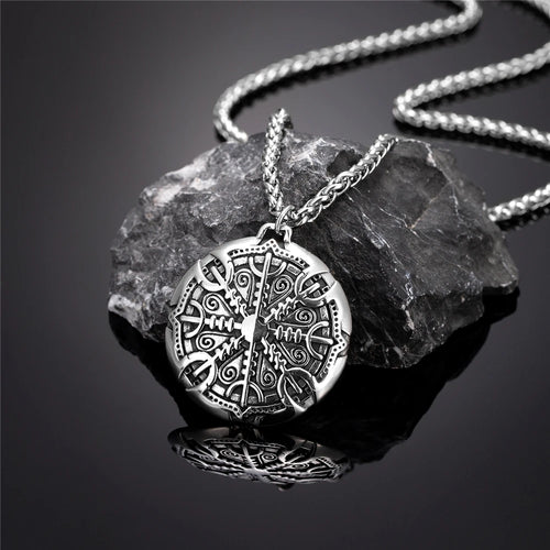 Never Fade Norse Compass Gold Color Necklace Men Vikings Runes Stainless Steel Trident Vegvisir Amulet Pendant