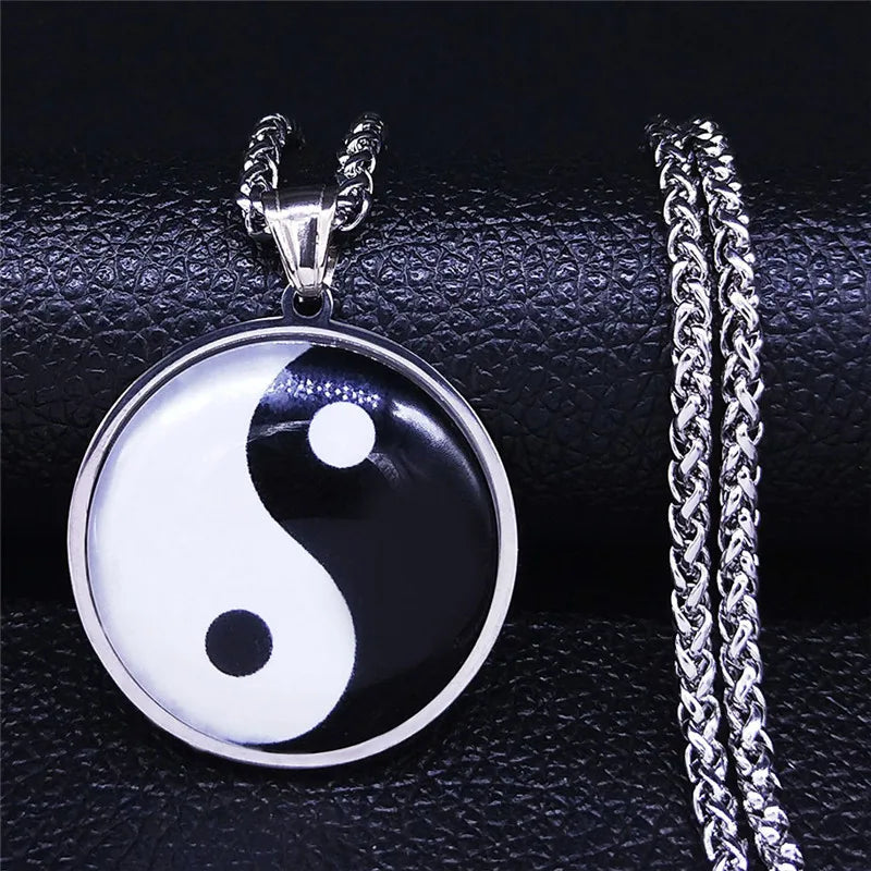Yin Yang Glass Pendant — Silver Stainless