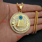 Retro Ancient Egyptian Pyramid Eye of Horus Pattern Round Pendant Necklace Women's Necklace Crystal Inlaid Pendant