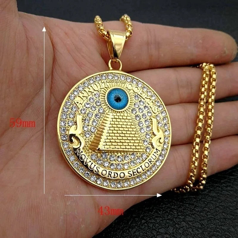 Retro Ancient Egyptian Pyramid Eye of Horus Pattern Round Pendant Necklace Women's Necklace Crystal Inlaid Pendant
