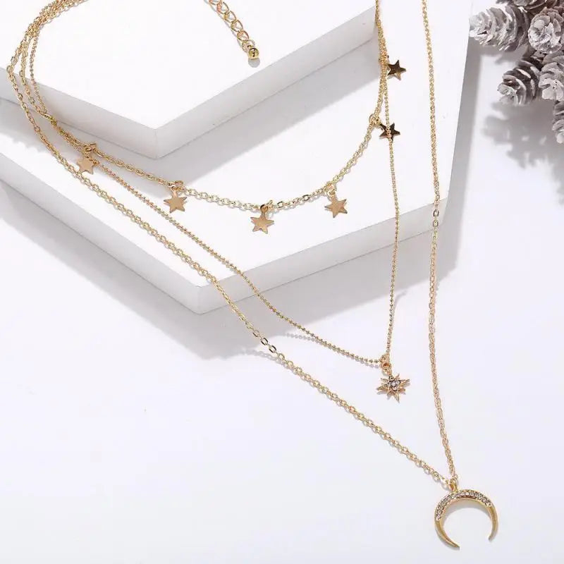 Glamour Necklace 2025 Fashion New Simple Temperament Eight Mans Star Crescent Pentagram Ms. Three-layer Necklace Gift