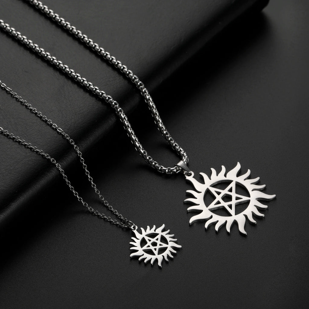 COOLTIME Supernatural Sun Pentagram Pendant Necklace for Women Men Stainless Steel Hollow Star  Box Chain Necklaces Couple Gifts