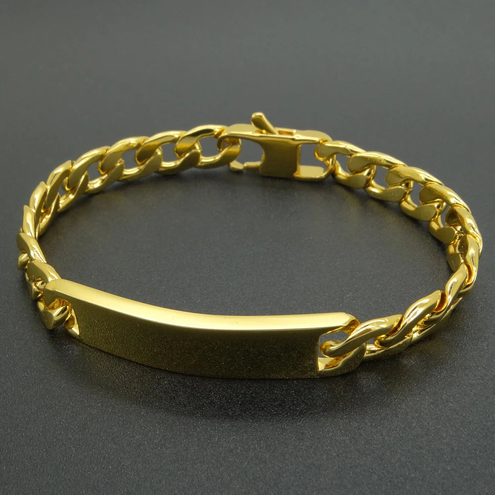 Gold Cuban Curb ID Bar Bracelet 9mm Wide 8 Inch — Stainless Steel