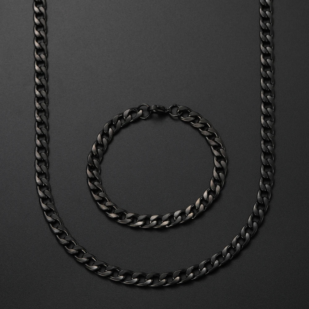 Black Chain Necklace Bracelet Set 8mm — Stainless Steel