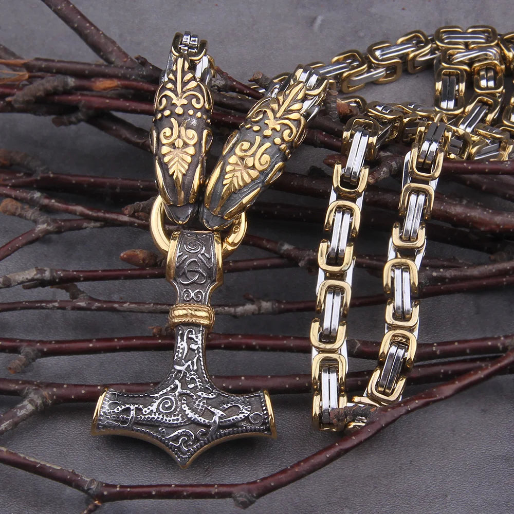 Men stainless steel Dragon head norse viking amulet thor hammer pendant necklace viking king chain Never Fade