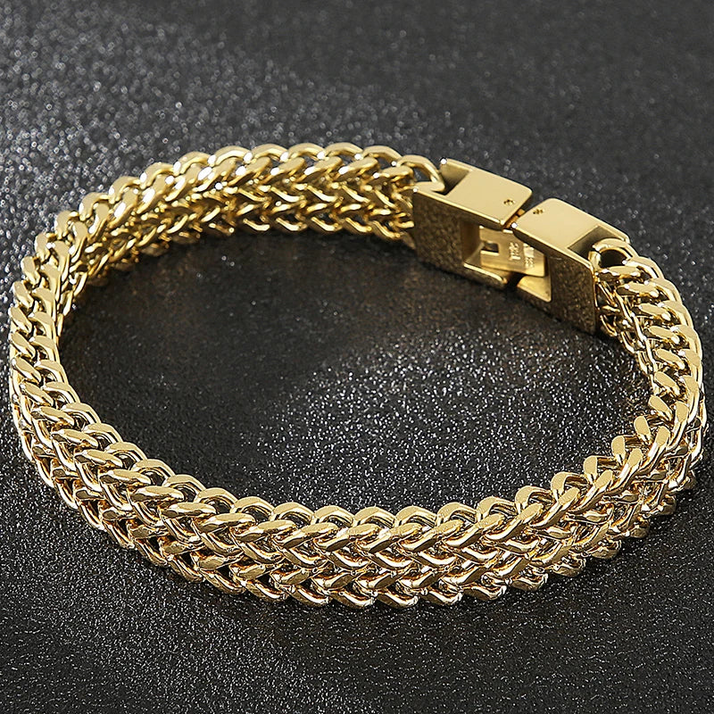 9/10MM Franco Link Curb Chain Man Bracelet Gold Color Stainless Steel Men's On Hand Bracelets Mannen Armband Jewelry