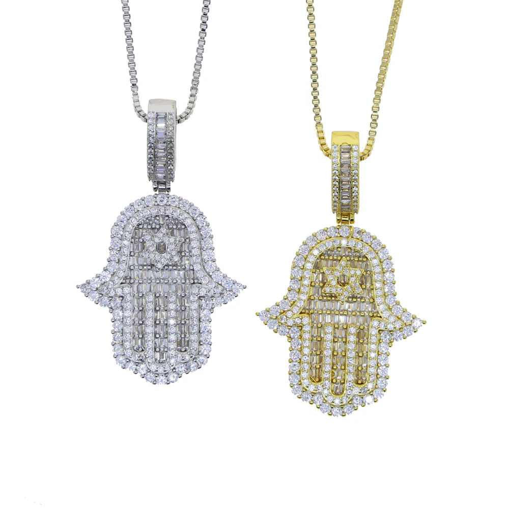 Iced Out Hamsa Hand Pendant Necklace Micro Pave Cubic Zirconia For Women Bling 5A CZ Box Chain Hip hop Boy Men Jewelry