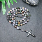 Tiger Eye Black Obsidian Rosary Cross Necklace — Black-Tone, 8mm