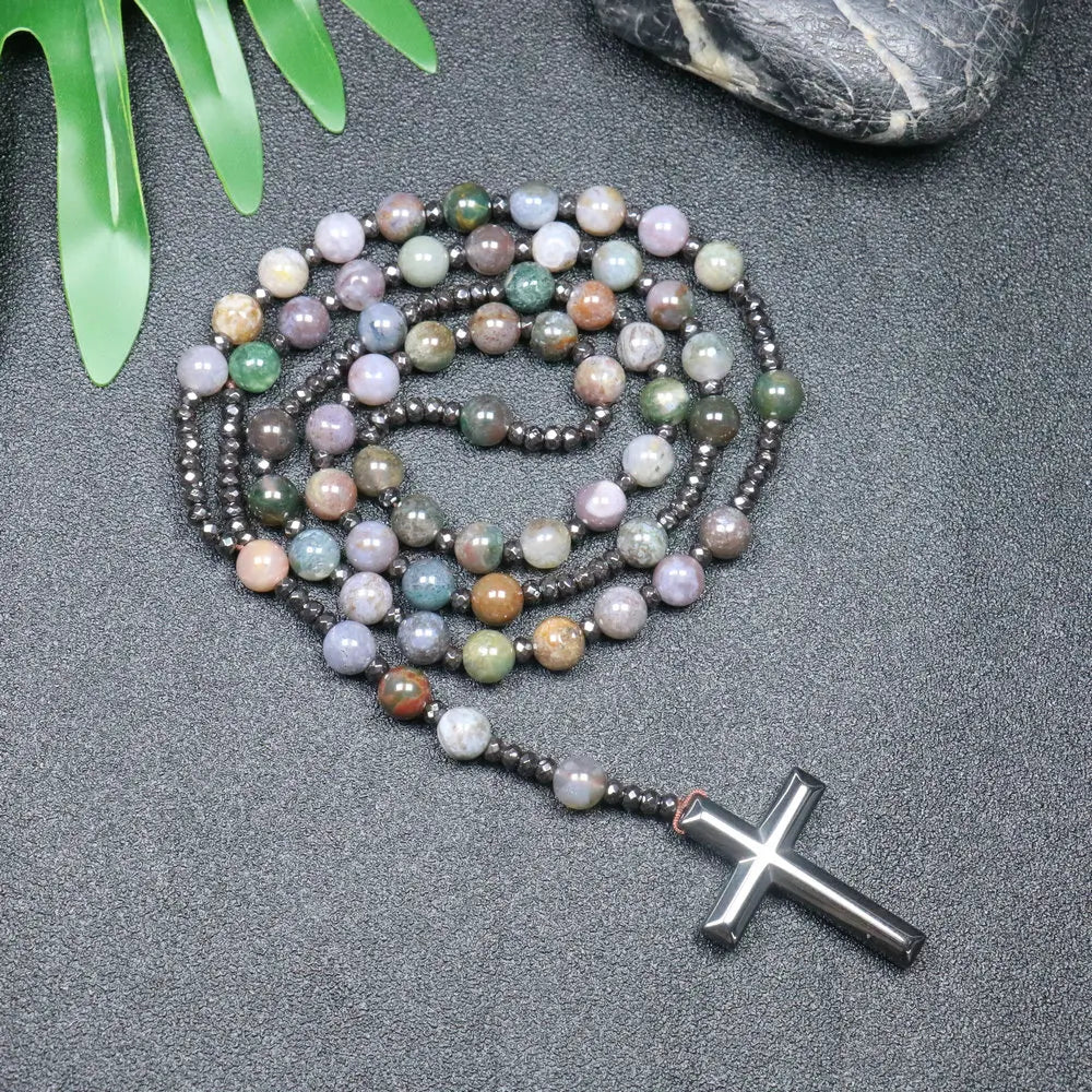 Rosary Necklace For Men Women 8mm Tiger Eye Black Obsidian Beads Necklace Christ Buddhist Meditation Cross Necklace Jewelry