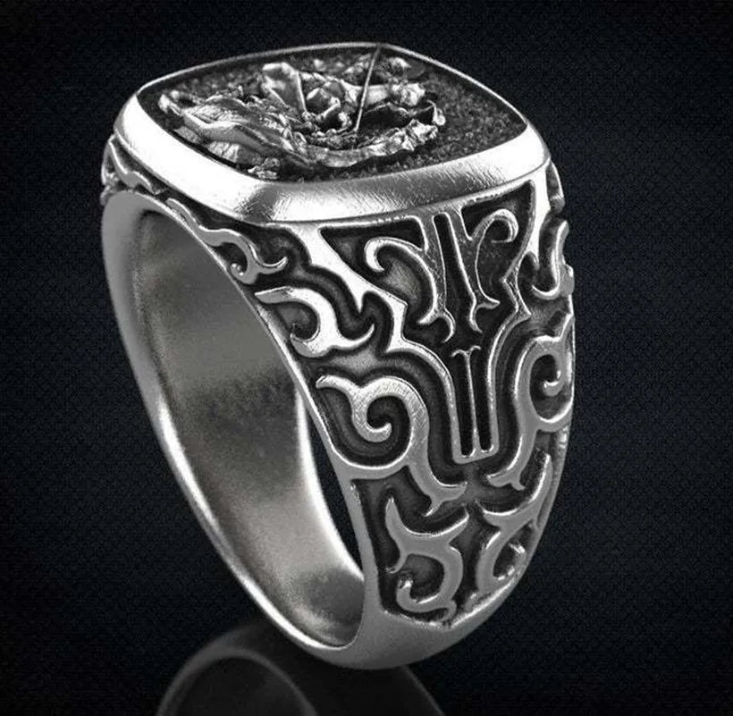 2023 New Trend Dragon Slaying Hero Saint George Rings European American Mythical Thai Silver Retro Stainless Steel