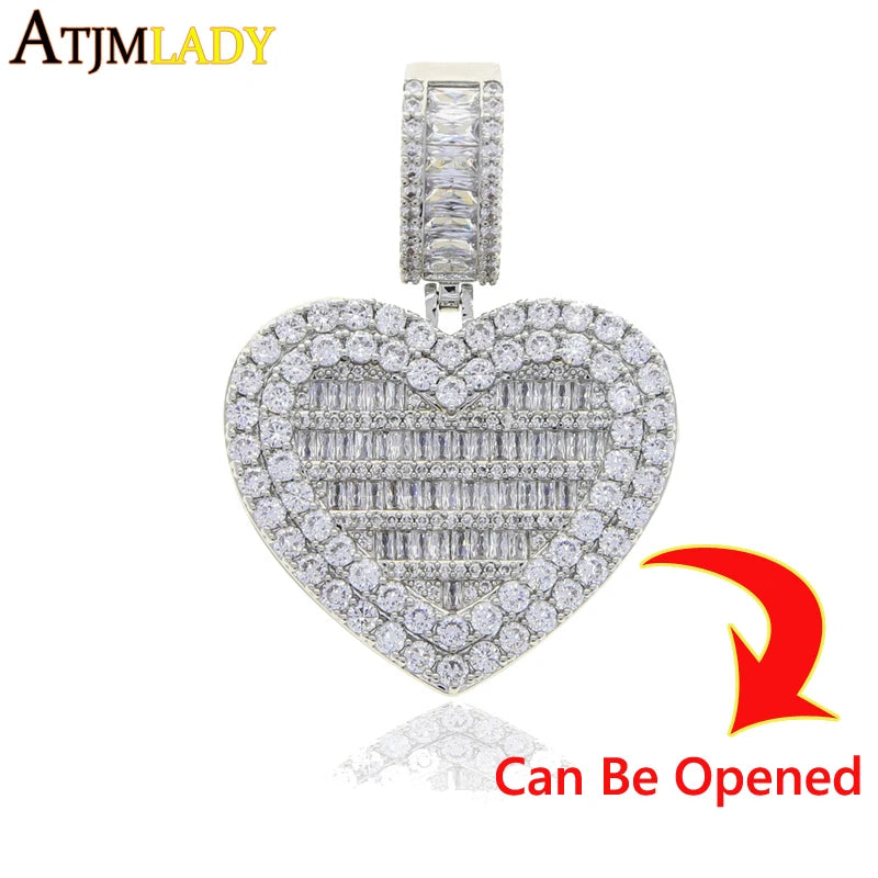 Iced Out Locket Love Heart Charm Pendant Can Be Opened DIY Photo Hip Hop 5A Cubic Zirconia CZ Tennis Chain Necklace Mens